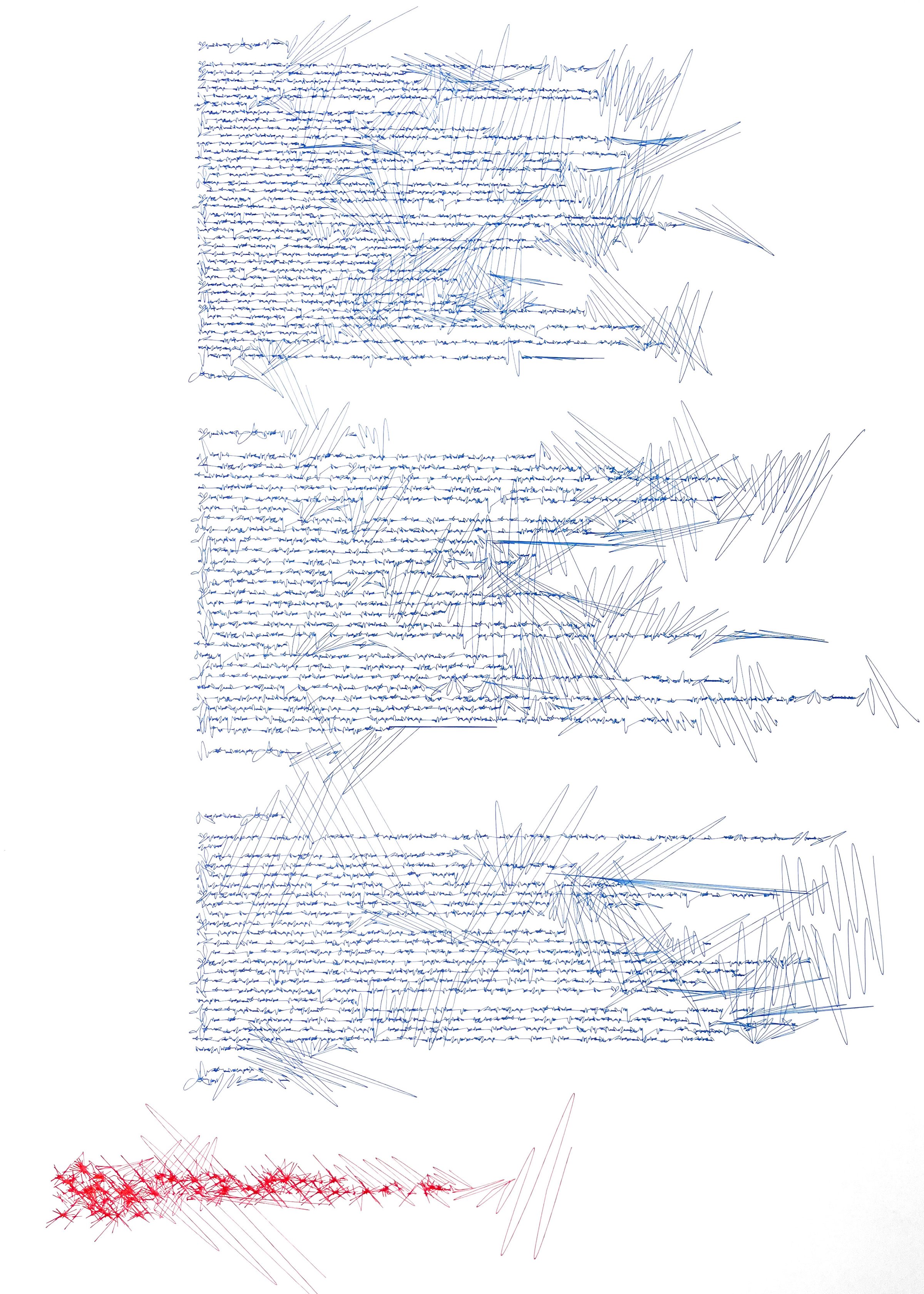Asemic letters: pages of blue asemic script drawn from attractor paths